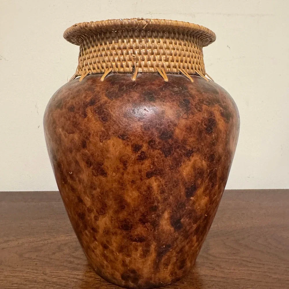 Vintage Handcrafted Rattan Woven Neck Brown Mottled Gourd Style Decorative Vase